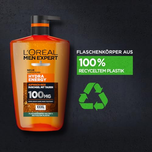 L'Oréal Men Expert XXXL Duschgel und Shampoo für Männer, Duschbad zur Reinigung von Körper, Haar und Gesicht, Herren Körperpflege für langanhaltende Frische mit Taurin, Hydra Energy, 1 x 1000 ml