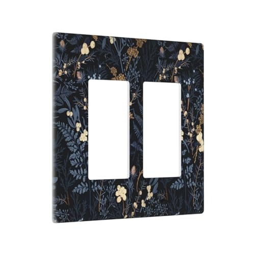 Decorative Outlet Covers Rustic Navy Dark Blue Leaves Golden Floral 2 Gang Light Switch Cover Plate Double Rocker Wall Plate Switch Plate Covers Faceplate for Bedroom Home Decor