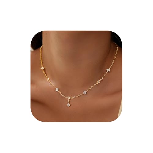 M MOOHAM Gold Clover Heart Pearl Butterfly Star flower Choker Necklace for Women - Dainty 14K Gold Plated Cubic Zirconia Cute Station Necklaces for Women Trendy Prom Jewelry Gifts