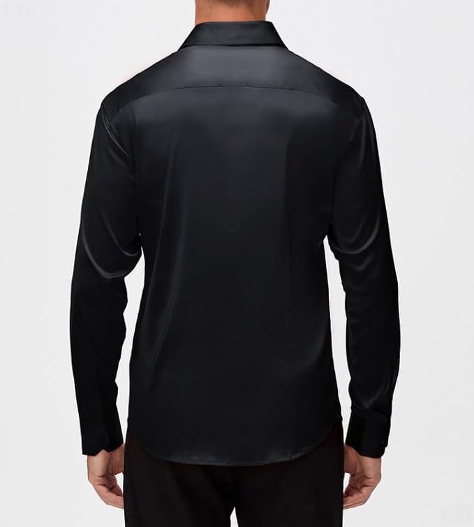 Image of CB-COLEBROOK Mens Stylish Solid Silk Satin Casual Dress Shirts for Men Shiny Long Sleeve Button Down Shirt Party Prom Wedding Shirt for Mens