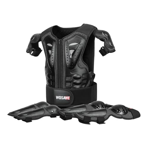 WOSAWE Equipement de Protection Moto pour Enfants, Protecteur de Le Dos et la Poitrine avec Coudières et Genouillères pour Vélo, Ski, Scooter, Planche à roulettes (MO467 Sets Noir)