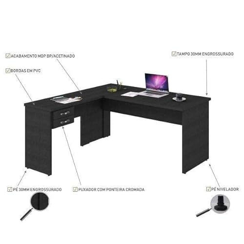 Mesa de Escritório em L 1,60x1,60m com 2 Gavetas Work30 Compace Preto Onix