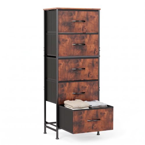 OLIXIS Tall 5 Drawer Fabric Dresser Storage Tower Bedroom Organizer, Brown