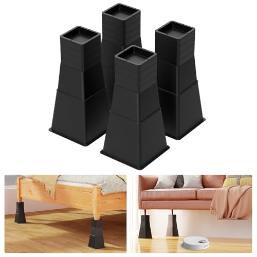 VANITURE 12 inch Bed Risers Heavy Duty Adjustable Furniture Risers for Bed Sofa Table Chair Support up to 1500 Lbs (Set of 4 Black)