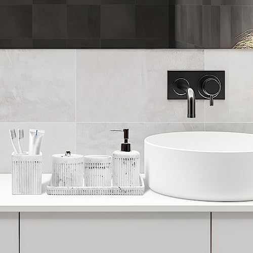 Resin White Marble Bathroom Accessories Set 5 Pcs, Lotion Soap Dispenser, Toothbrush Holder, Bathroom Tumbler, Qtip Holder and Vanity Tray, Bathroom Countertop Organizer Set for Modern Home Apartment - Image 8