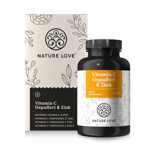 NATURE LOVE® Vitamin C Gepuffert & Zink – 180 Kapseln – hochdosiert mit 1000mg + 15mg Zink – Fermentation von Mais, pH-neutral, säurefrei – laborgeprüft, vegan und in Deutschland produziert