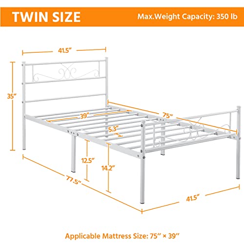 Yaheetech Twin Size Bed Frames/Metal Platform Bed With Headboard And Footboard/No Box Spring Needed/Easy Assembly, White #TOP1