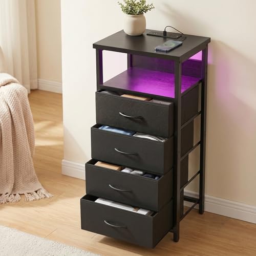 Image of Fixwal Night Stand with 4 Fabric Storage Drawers, Tall Nightstand Bedside Table with Charging Station & Led Lights, Fabric Dresser for Bedroom, Black