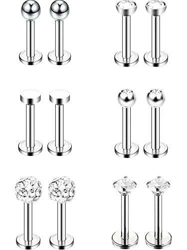 12pc Stainless Steel Nose Studs Tragus Bars Labret Bars Crystal Ball Body Piercing Jewelry, 6 Designs, 16 Gauge