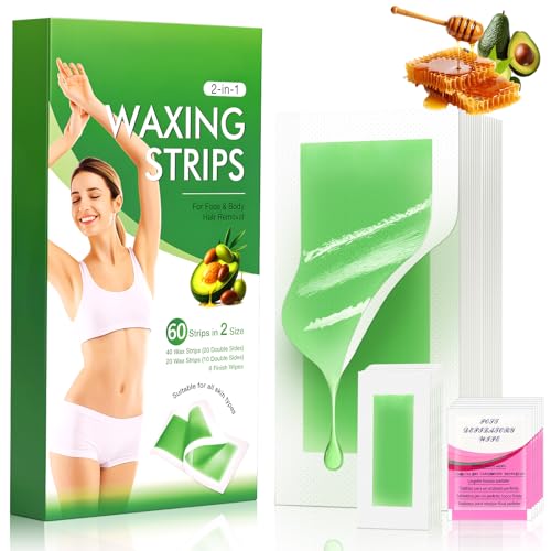 BUTBU 60 Tiras Bandas de Cera Fria Depilatoria, 40 Bandas de Cera Depilatoria Corporal, 20 Ce-ra Depilator-ia Facial, Con 6 Toallitas Calmantes, para Depilaci贸n Facial y Cuerpo