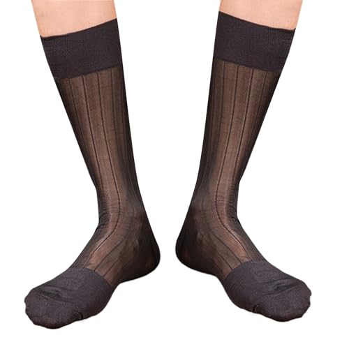 Mens Sheer Dress Socks Business Formal Suit Casual Nylon Thin Ribs Striped See Through Middle Calf Socks