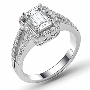 925 Sterling Silver with Emerald Cut Clear Cz Cubic Zirconia Stone Engagement Wedding Promise Halo Ring Luxury Gift for Women