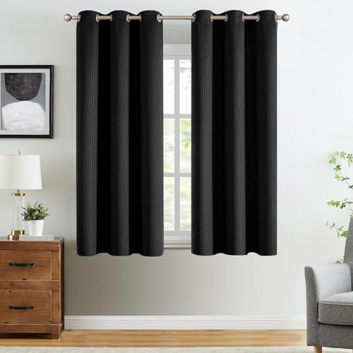 TOPICK Cortinas térmicas con ojales, juego de 2 unidades, 145 x 140 cm, cortinas opacas con estampado geométrico, para dormitorio, salón, cortinas opacas para ventanas, color negro