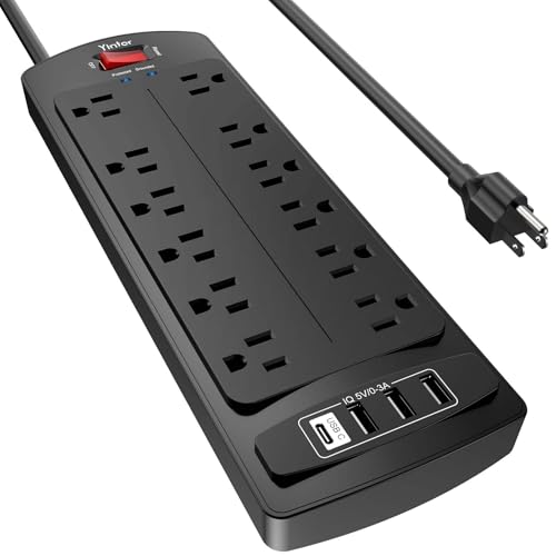 Image of 6 Feet Extension Cord Power Strip, Yintar Surge Protector with 12 AC Outlets and 4 USB Ports, 2700 Joules, ETL Listed, Black