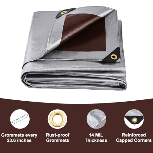 Sunvigor Tarp Waterproof 10x12Ft, Heavy Duty Tarp Cover Extra Thick 14 Mil Tear and UV Resistant, Outdoor Tarps with Grommets and Reinforced Edges for Roof, Camping, Patio, Pool, Boat (Silver/Brown) by Sunvigor - Image 4
