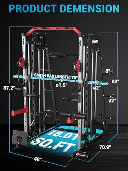 Smith Machine with Cable Crossover System for Home Gym,2200lbs Multi-Function Squat Rack Power Cage,All-in-One Fitness Equipment with LAT Pull-Down & Dual Pulley System & Leg Hold-Down Attachment