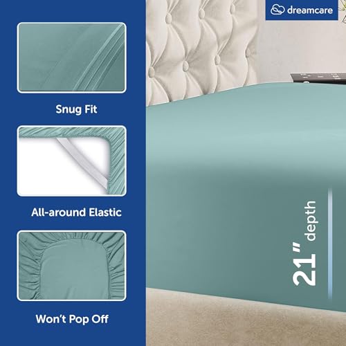 Image of DREAMCARE Queen Sheets - 6 pcs Breathable Cooling Sheets Queen - up to 21 inch | Extra Deep Pocket Queen Sheets Set with Side Pockets - Extra Soft - Queen Sheet Set - Hotel Luxury Queen Bed Sheets - SpaBlue
