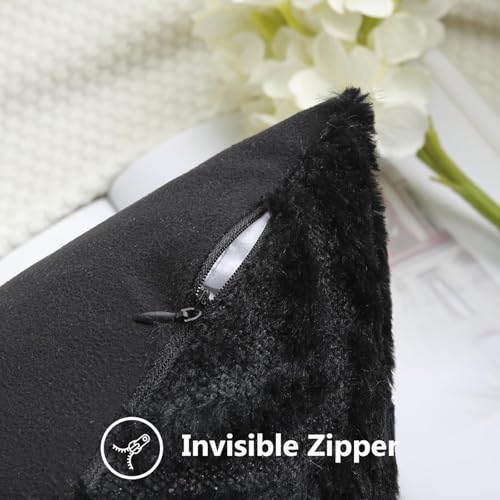 decorUhome Fall Throw Pillow Covers 16x16 Inch Set of 2, Soft Plush Decorative Faux Fur Black Solid Couch Pillow Covers, Accent Farmhouse Neutral Square Euro Pillow Cases for Sofa Bed Living Room