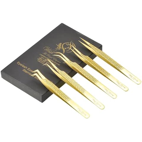 Wishbeauty Eyelash Extension Tweezers Set 5 PCS for Volume Lash Extensions Stainless Steel Eyelash Tweezers for Extensions - Gold Cover