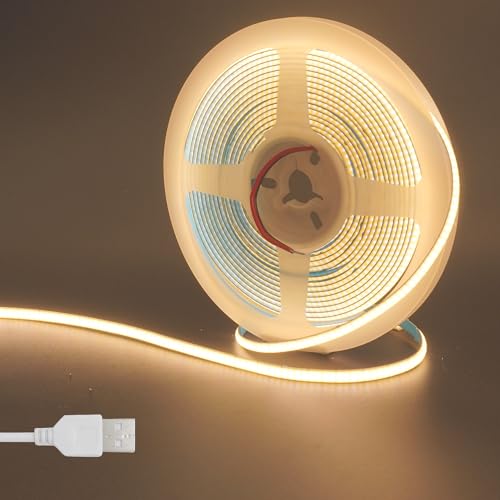 Image of 5V 5mm Width USB COB LED Strip Lights,3.28FT /1M,Warm White 3000K,400LEDs /M,8W /M,CRI90,750lm,Electroplated Double-Sided Panel Light Strip,IP20,for Indoor Decoration