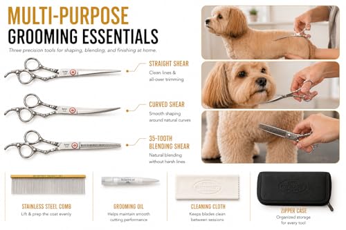 Image of Geib Buttercut Dog Grooming Scissors Kit, Three-Piece Set with Straight, Curved and 35-Tooth Blending Shear, Stainless Steel, Zipper Case Included