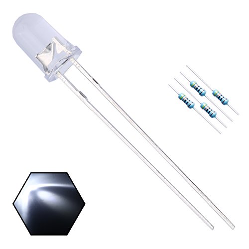 EDGELEC 100pcs 5mm White Lights LED Diodes Clear Round Lens 29mm Long Lead (DC 3V) +100pcs Resistors (for DC 6-12V) Included, Bright Bulb Lamps Light Emitting Diode