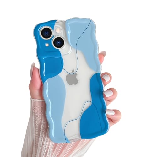 Yeddabox for iPhone 15 Case Cute Art Design Aesthetic Pattern Wavy Clear Phone Case Soft TPU Slim Shockproof Phone Cover for Women Girls, Blue