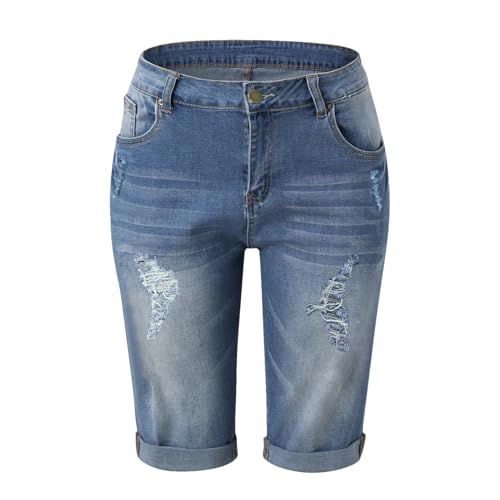 Short en jean taille haute femme coupe slim droit genoux pantalon