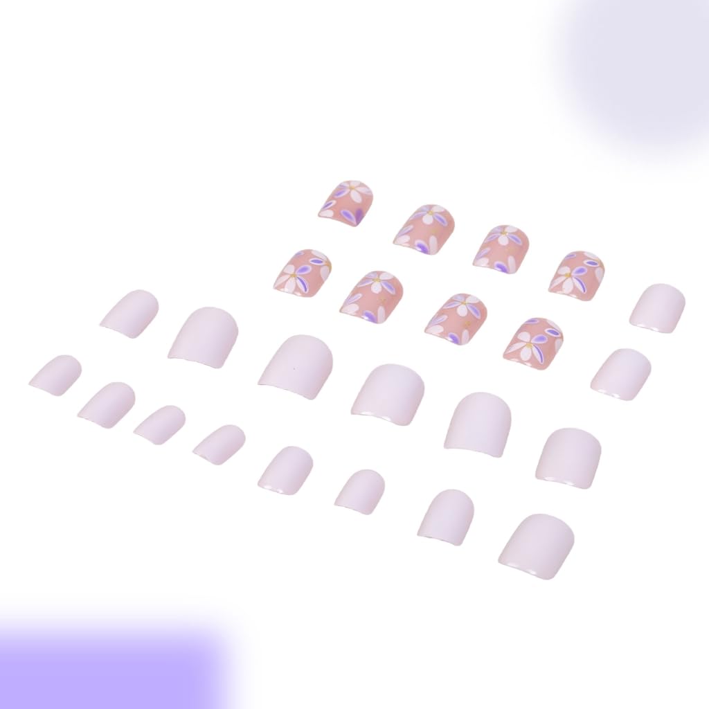 24x French Tip Full Covers False Nails Flowers Short Square Stick On Nails Acrylic Nails for Daily