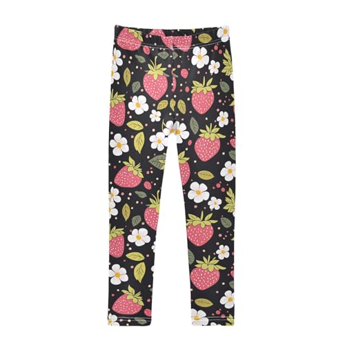 Wusikd Cute Pink Strawberries Girls' Leggings Toddler Doodles White Flowers Kids Yoga Pants Dance Active Tights 4T