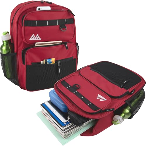 Summit Ridge Travel Backpack for Men and Women, Spacious Work Daypack with Water Bottle Pockets (Red)2