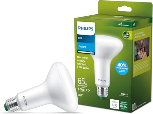 PHILIPS LED 65W BR30 3-Pack Ultra Efficient Daylight LED Bulbs (5000K) 650 Lumen (4.5W = 65W) Dimmable Frosted Flicker-Free Light Bulbs