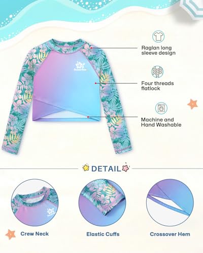 Image of BesserBay Girls Rash Guard UPF 50+ Long Sleeve Mock Neck Crossover Hem Swim Crop Top 4-14 Years