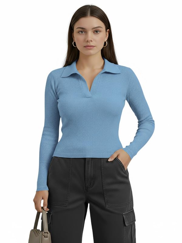 Image of Dream Beauty Fashion Women's Collared Neck Long Sleeve Slim Fit Casual Tee Top for Woman
