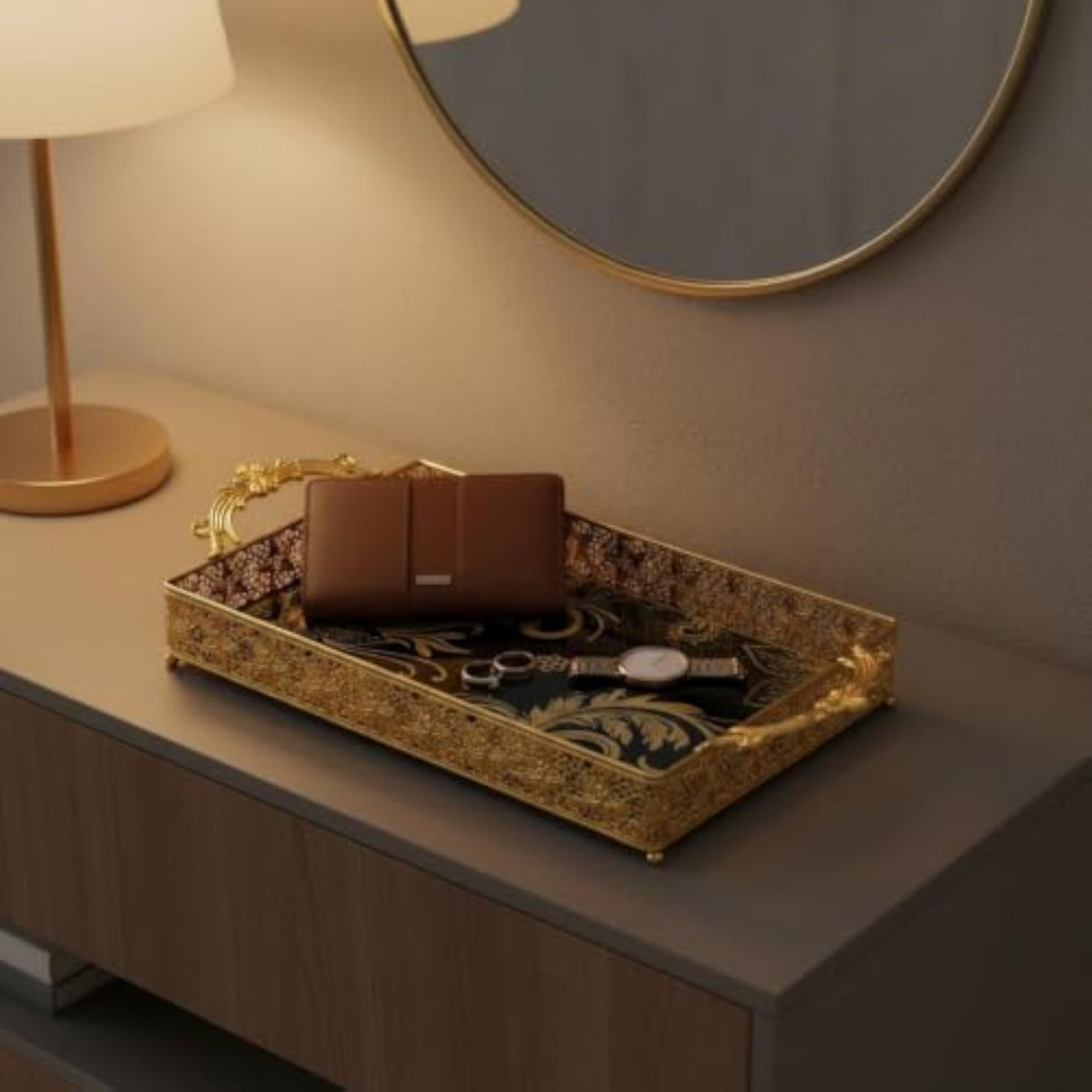 Gold Filigree Tray with Double Handles, Ornate Design