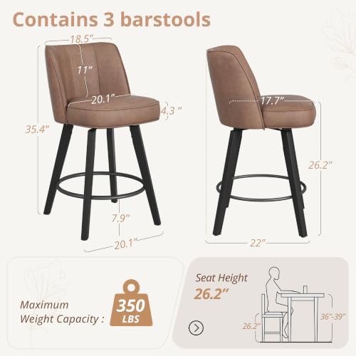 Image of LUE BONA 360-degree Swivel Bar Stools Set of 3, 26 inch Counter Height Bar Stools with High Back and Wood Legs, Morden Faux Leather Upholstered Barstools for Kitchen Counter, Saddle Brown