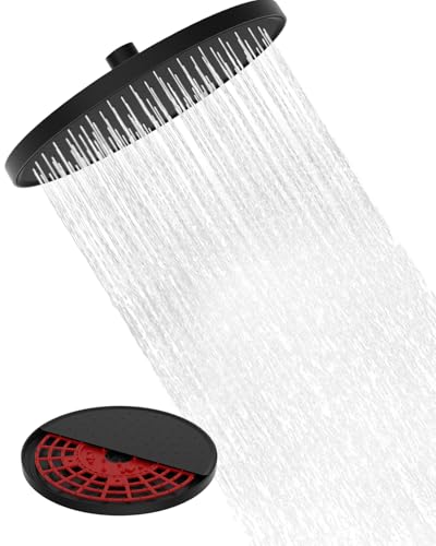 Hibbent Self-Cleaning Rainfall Shower Heads, Fixed Rainfall Shower Head 10 Inch, Round Powerful High Pressure Overhead Shower Head with self-Cleaning Mechanism, Black