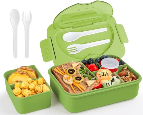 Lunbxx Bento Box Adult Lunch Box,Lunch Containers for Adults Kids,5-Compartment Bento Box for Kids Snack Boxes with Cutlery (Green)