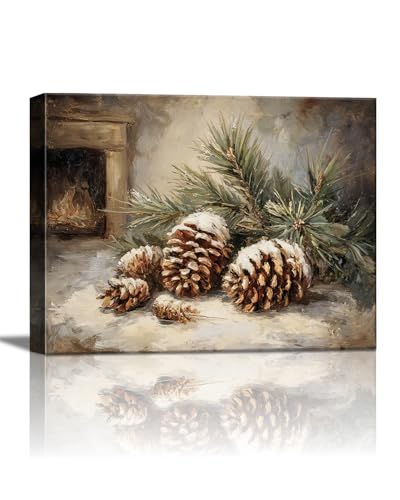 Vintage Pine Cones Christmas Canvas Wall Art, Rustic Winter Still
