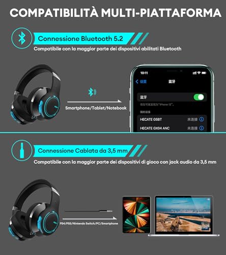 HECATE G5BT Cuffie Gaming Over Ear con Mic, Cancellazione del Rumore, RGB Luce, H+ Effetti Sonori, Hi-Res Audio, Bluetooth e Cavo Audio 3,5mm per PC PS4 PS5 Cellulari Switch (Nero) - Mouse gaming - Immagine 2