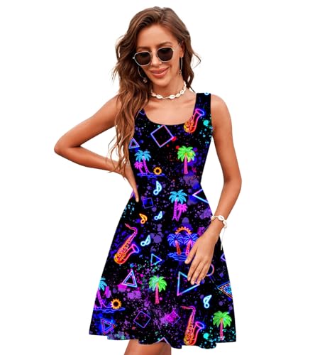 Image of uideazone Women Funny Print Sleeveless U Neck A Line Casual Midi Dress | Soft Stretchy Breathable Fabric Flared Swing Sundress Fitted Waist for Daily Wear 80 /90s Themed Party Beach Vacation Trips