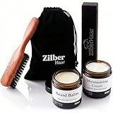 ZilberHaar - Bartpflege-Set für Männer - 1 Bartbürste Regular + 1 Bartbalsam + 1 Feuchtigkeitscreme - Harte Wildschweinborsten - Samtbeutel