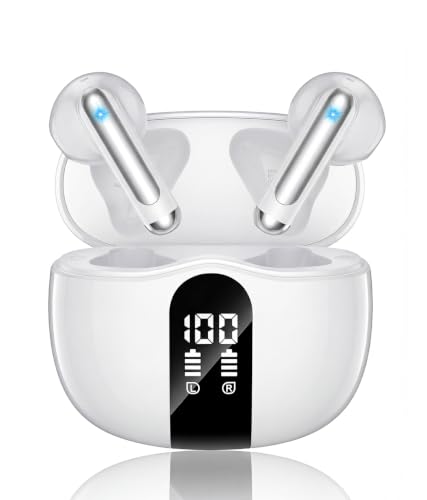 Image of XIAOWTEK Wireless Earbuds, 2026 Bluetooth 5.4 Headphones Bass Stereo Ear Buds with Noise Cancelling Mic, LED Display in Ear Earphones 50H Playtime Ear Buds, IP7 Waterproof for Laptop Pad Phones White