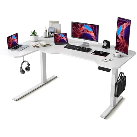 Win Up Time L-Shaped Height Adjustable Standing Desk, 59" Height Adjustable Electric Standing Desk, Sit and Stand Up Computer Desk for Home Office with Splice Board (White Top, White Frame) Cover