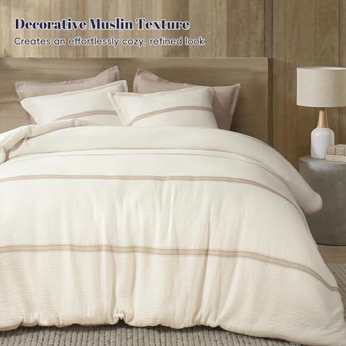 Image of PHF Cotton Muslin Comforter Set Queen - 100% Cotton Cover, Ultra Soft & Breathable, 3PCS Lightweight All-Season Bedding with Polyester Fill, 1 Comforter 90 inchx90 inch & 2 Pillow Shams 20 inchx26 inch, Ivory