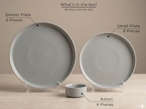 Image of Bodhi House 18 Piece Ribbed Porcelain Dinner Set 6 Dinner Plates | 6 Quarter Plates & 6 Katori, Microwave & Dishwasher Safe, Chip Resistant Crockery Set for Home & Gifting, Pearl Grey