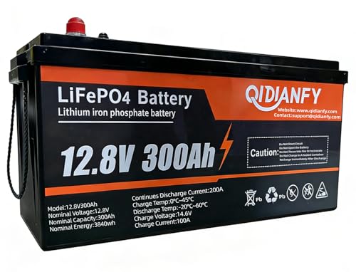 Qidianfy 12V 300Ah Lithium LiFePO4 Battery, 200A BMS 3840Wh Rechargeable