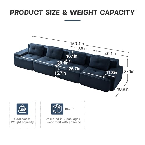 Image of 153 inch Extra Large 4-Seater Modular Boneless Couch, Luxury Corduroy Fabric, Deep Seat Cloud sectional Sofa with Buckle Connection, No Assembly Anti-Slip Couch for Big Living Room, Blue