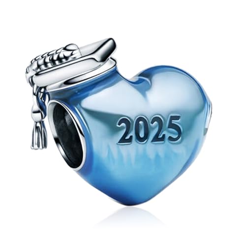 NUNUYAYA Charms Abaloriosde Cuentas Plata de Ley 925 con Circonita Cúbica Blue Graduation 2025 Heart Charm Colgante Compatible con Niña Mujer Europeo Pulsera Collar Temporada de Graduación