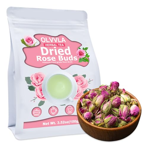 Image of Olvvla - Dried Rose Bud For Fragrant Herbal Tea, 3.52oz /100g | Natural pink rosebud flowers with delicate sweet and refreshing aroma, for tisane and decorative desserts